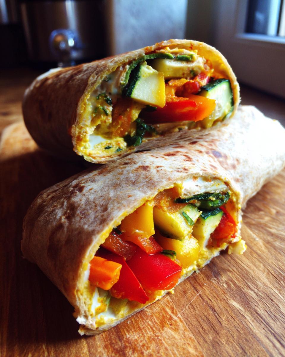 Close-up of a cut Grilled Veggie & Hummus Wrap, showing colorful vegetables and hummus filling.
