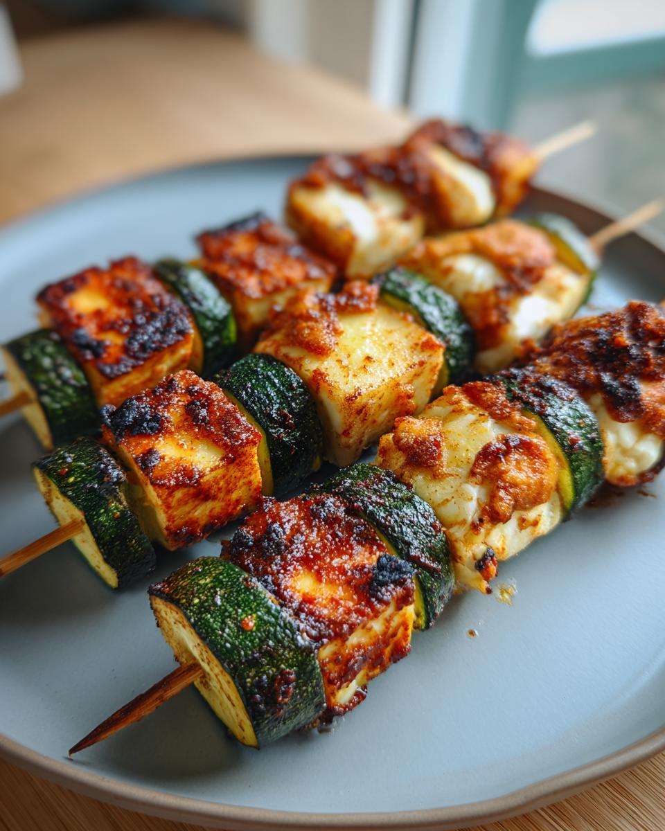 Close-up of delicious Grilled Zucchini & Halloumi Skewers on a plate, ready to eat.