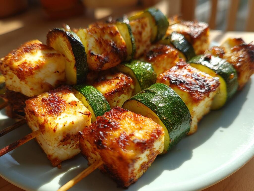 Close-up of Grilled Zucchini & Halloumi Skewers on a plate, ready to eat.