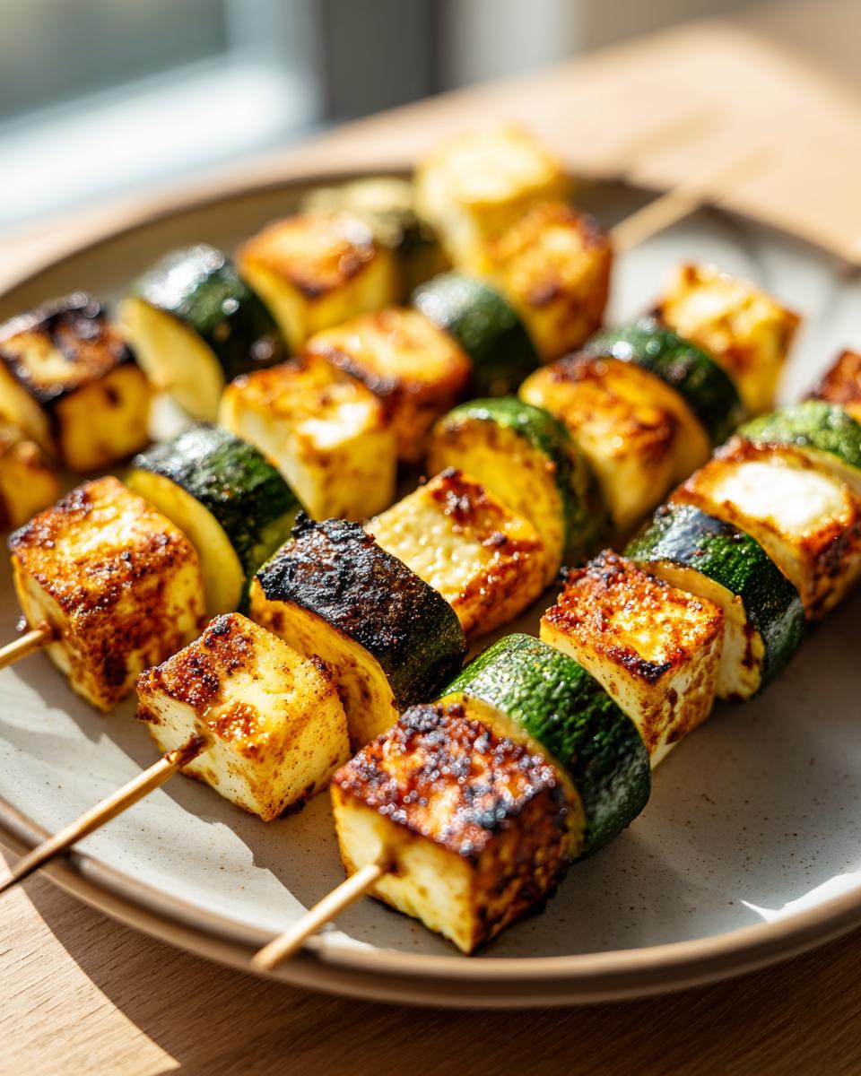 Close-up of Grilled Zucchini & Halloumi Skewers on a plate, a delicious vegetarian appetizer.