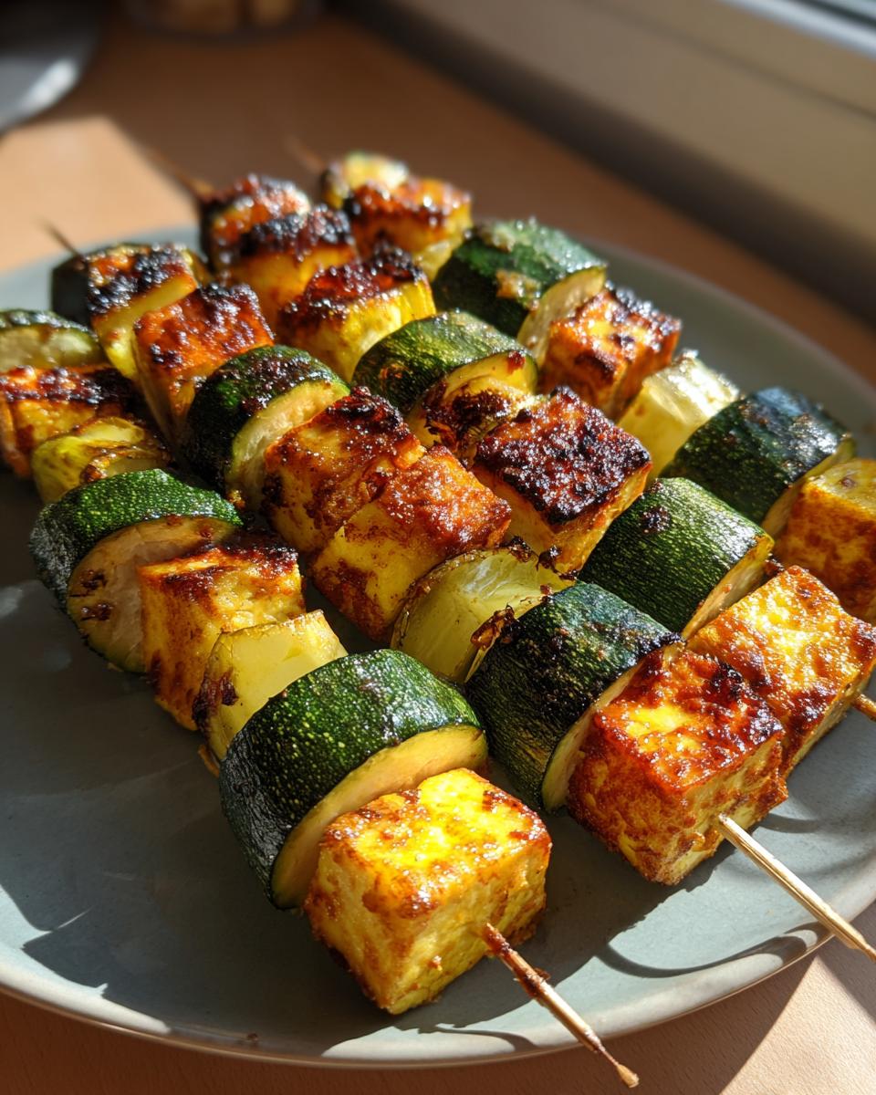 Close-up of delicious Grilled Zucchini & Halloumi Skewers on a plate, ready to eat.