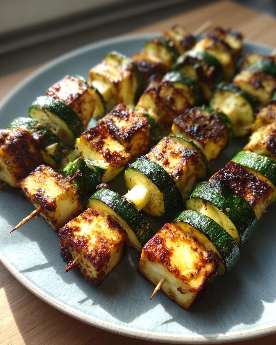 Close-up of delicious Grilled Zucchini & Halloumi Skewers on a plate, ready to eat.