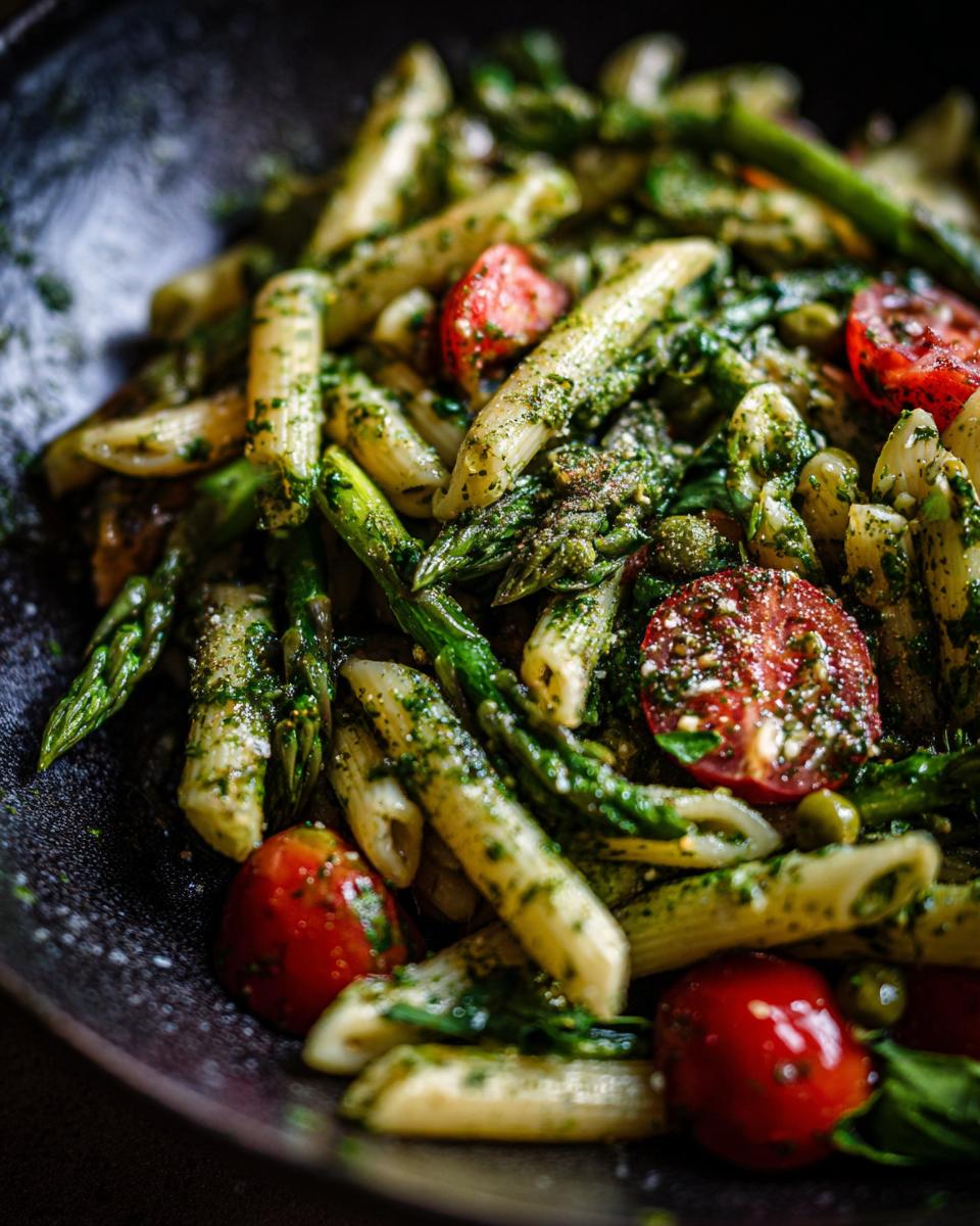 Close-up of a delicious pasta salad healthy recipes with penne pasta, asparagus, and cherry tomatoes.