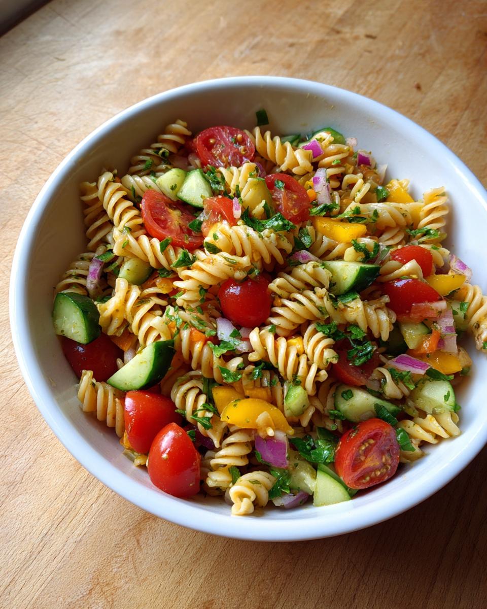 Close-up of a bowl of pasta salad, featuring tomatoes, cucumbers, and herbs. A healthy pasta salad recipe.