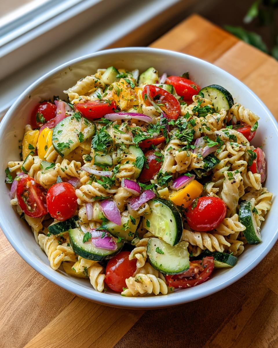 Close-up of a bowl of pasta salad with tomatoes, zucchini, red onion, and herbs. This is a healthy pasta salad recipe.