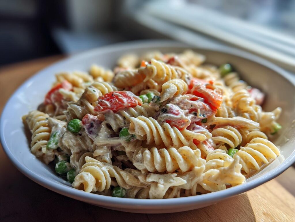 Close-up of a bowl of healthy pasta salad Greek yogurt with vegetables and pasta.