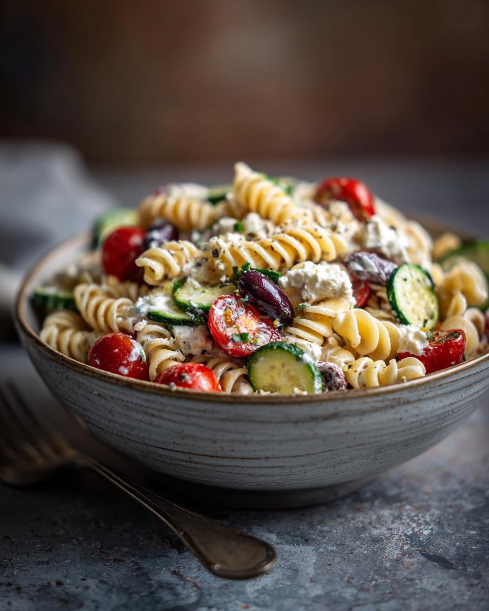 Close-up of a bowl of healthy pasta salad greek yogurt with tomatoes, zucchini, and olives.