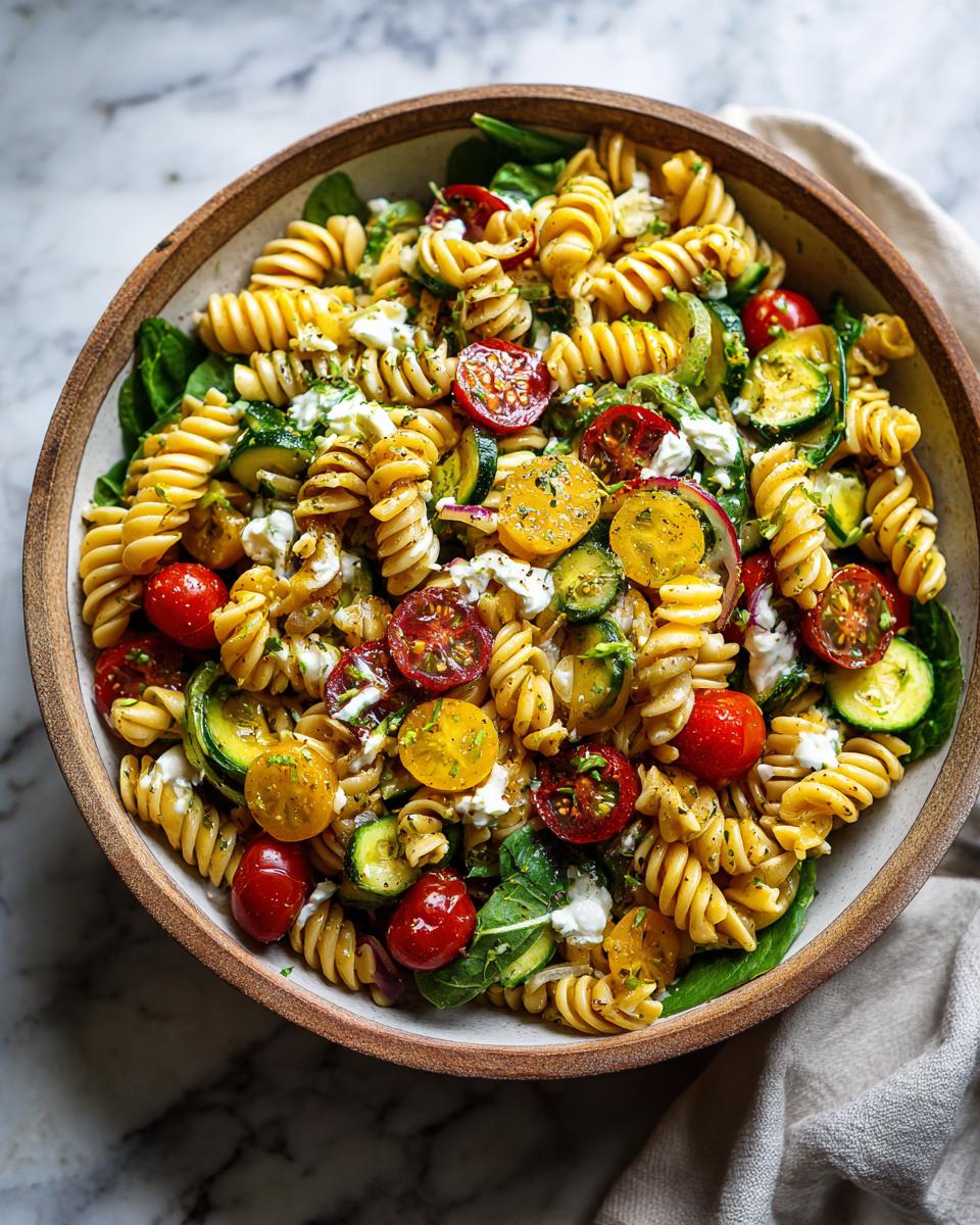 Overhead shot of a delicious healthy pasta salad greek yogurt with tomatoes, zucchini, and herbs.