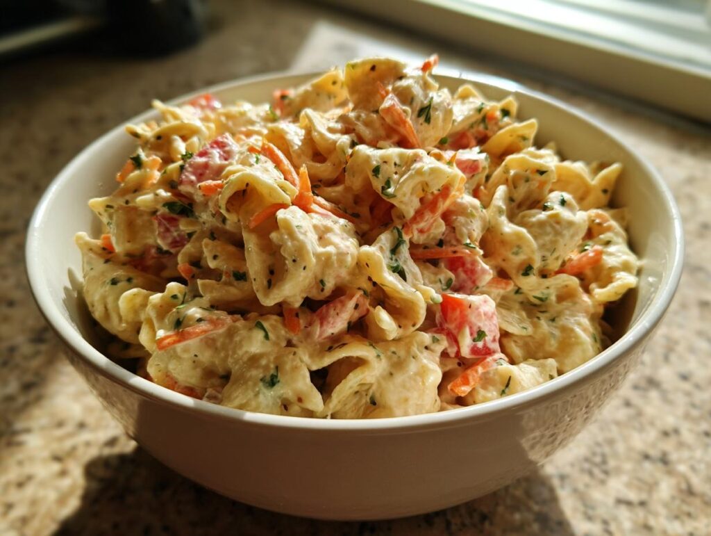 Bowl of healthy pasta salad with Greek yogurt, vegetables, and herbs. This is a healthy pasta salad Greek yogurt recipe.