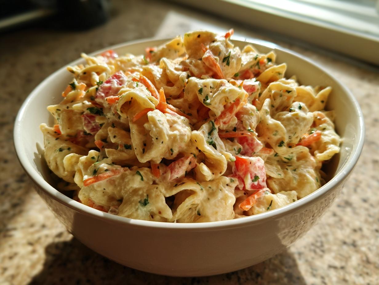Bowl of healthy pasta salad with Greek yogurt, vegetables, and herbs. This is a healthy pasta salad Greek yogurt recipe.