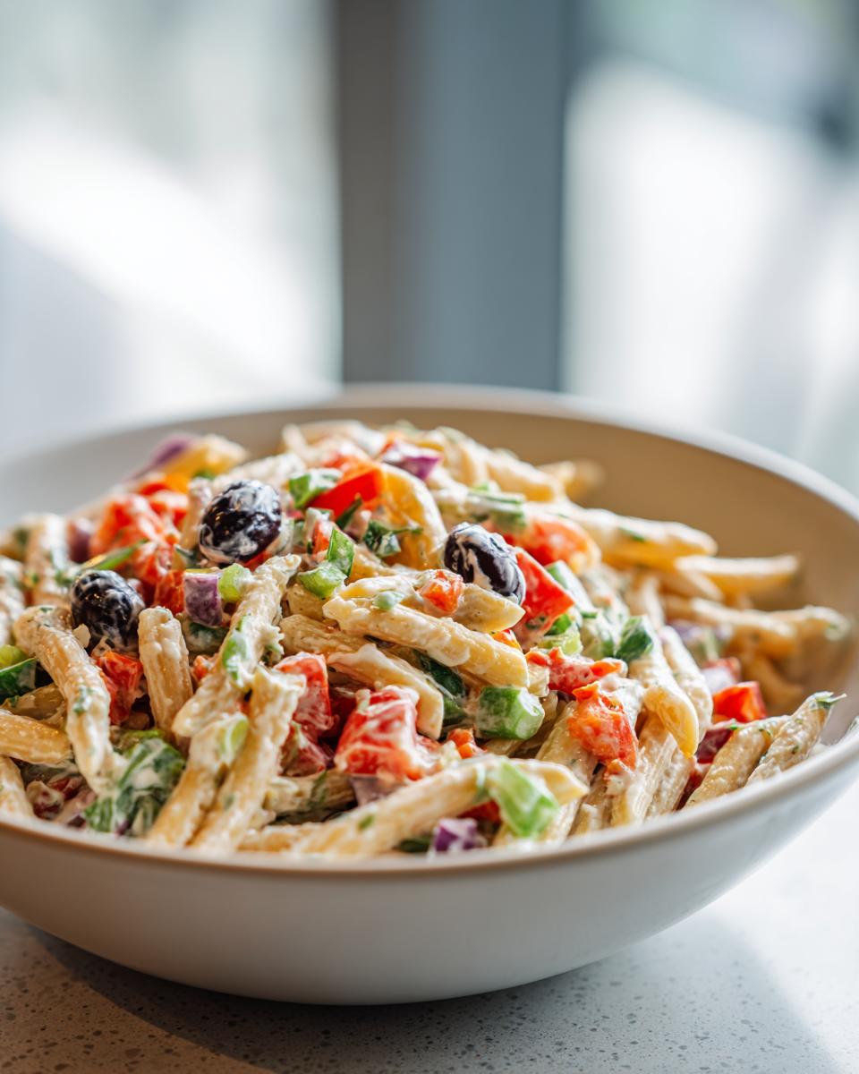 Close-up of a bowl of healthy pasta salad with Greek yogurt, olives, and vegetables.
