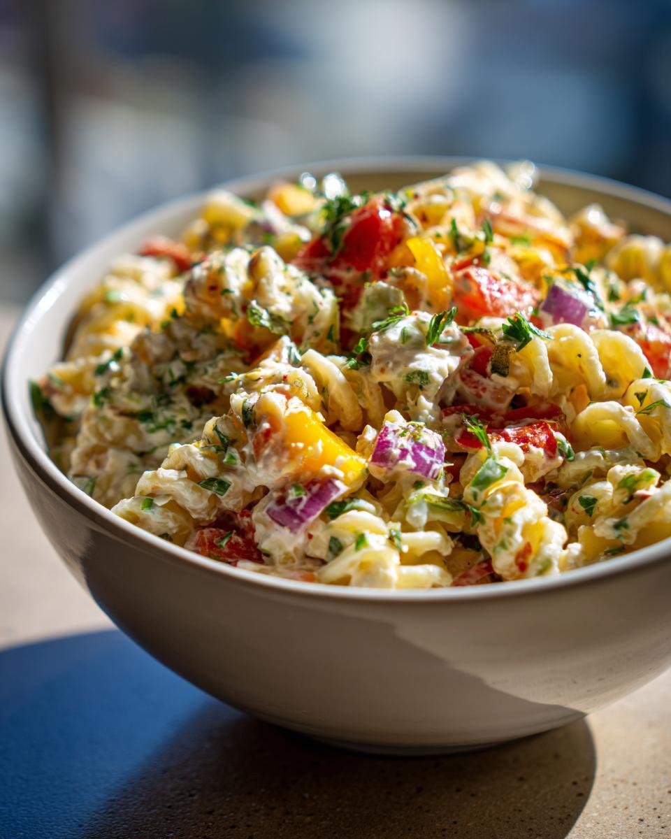 Close-up of a bowl of healthy pasta salad with Greek yogurt, vegetables, and herbs.