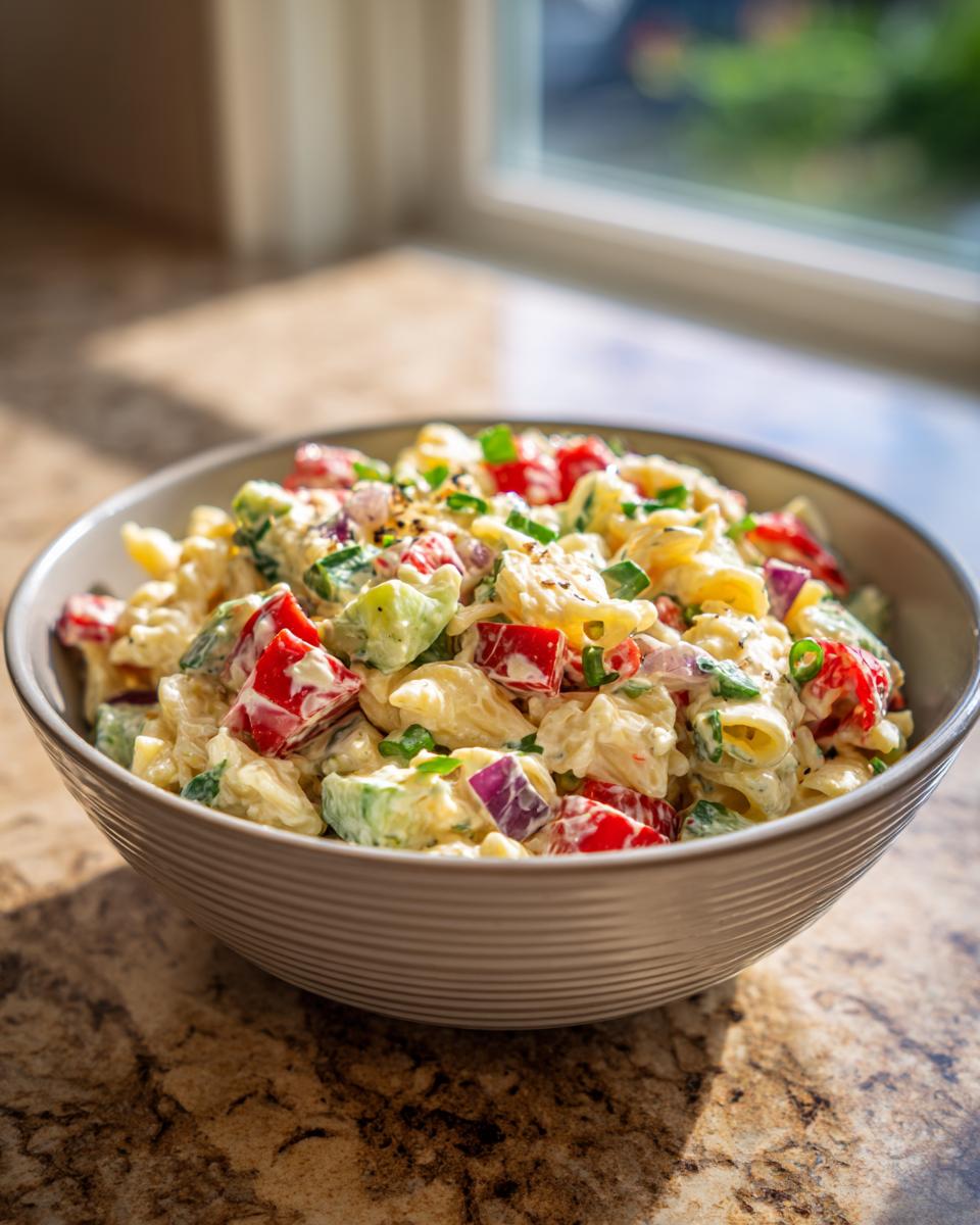 A bowl of healthy pasta salad greek yogurt with vegetables, herbs, and seasonings.