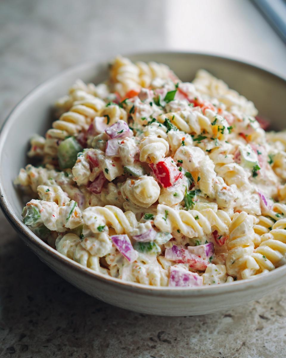 Close-up of a bowl of healthy pasta salad with Greek yogurt, vegetables, and herbs.