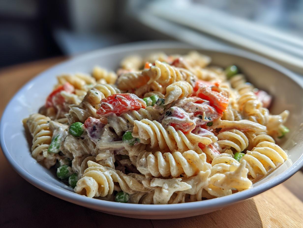 Close-up of a bowl of healthy pasta salad Greek yogurt with vegetables and pasta.