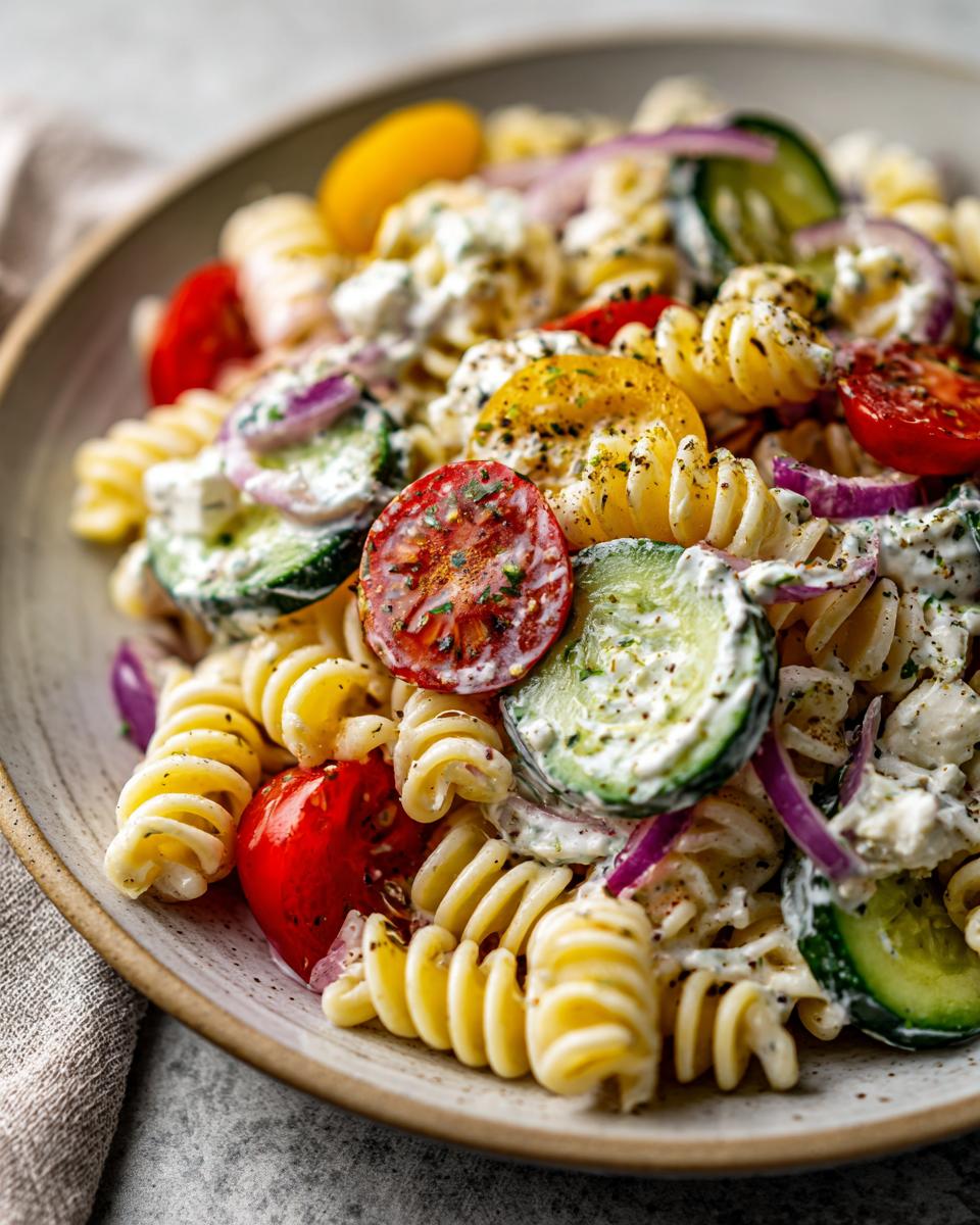 Close-up of a healthy pasta salad with Greek yogurt dressing, tomatoes, cucumbers, and red onion.