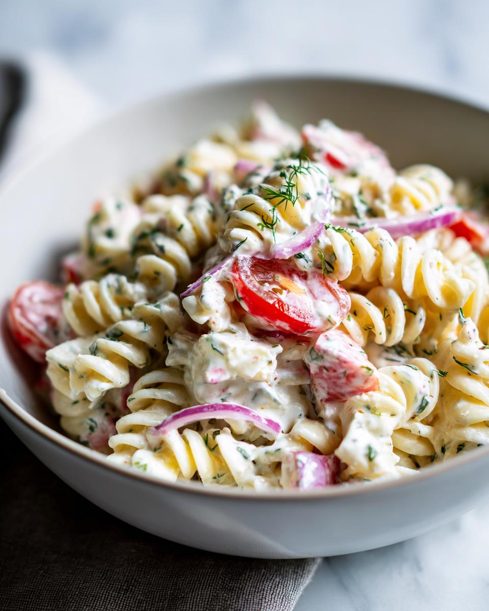 Close-up of a bowl of healthy pasta salad Greek yogurt with tomatoes, red onion, and herbs.