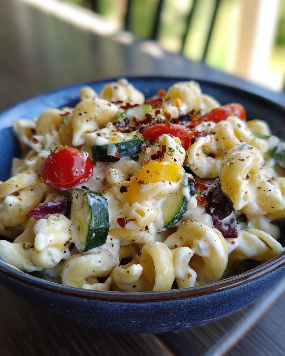 Close-up of a bowl of healthy pasta salad Greek yogurt with vegetables and seasonings.
