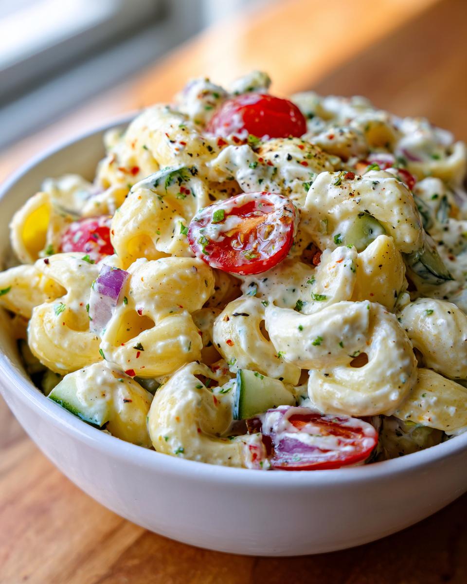 Close-up of a bowl of healthy pasta salad Greek yogurt with tomatoes and cucumbers.