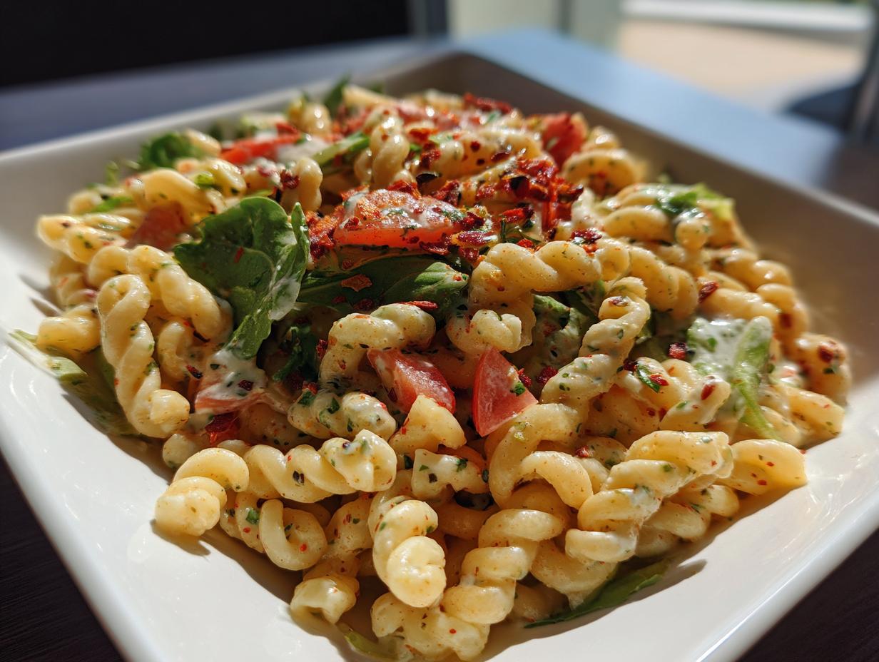 Close-up of a healthy pasta salad greek yogurt with tomatoes and spinach.