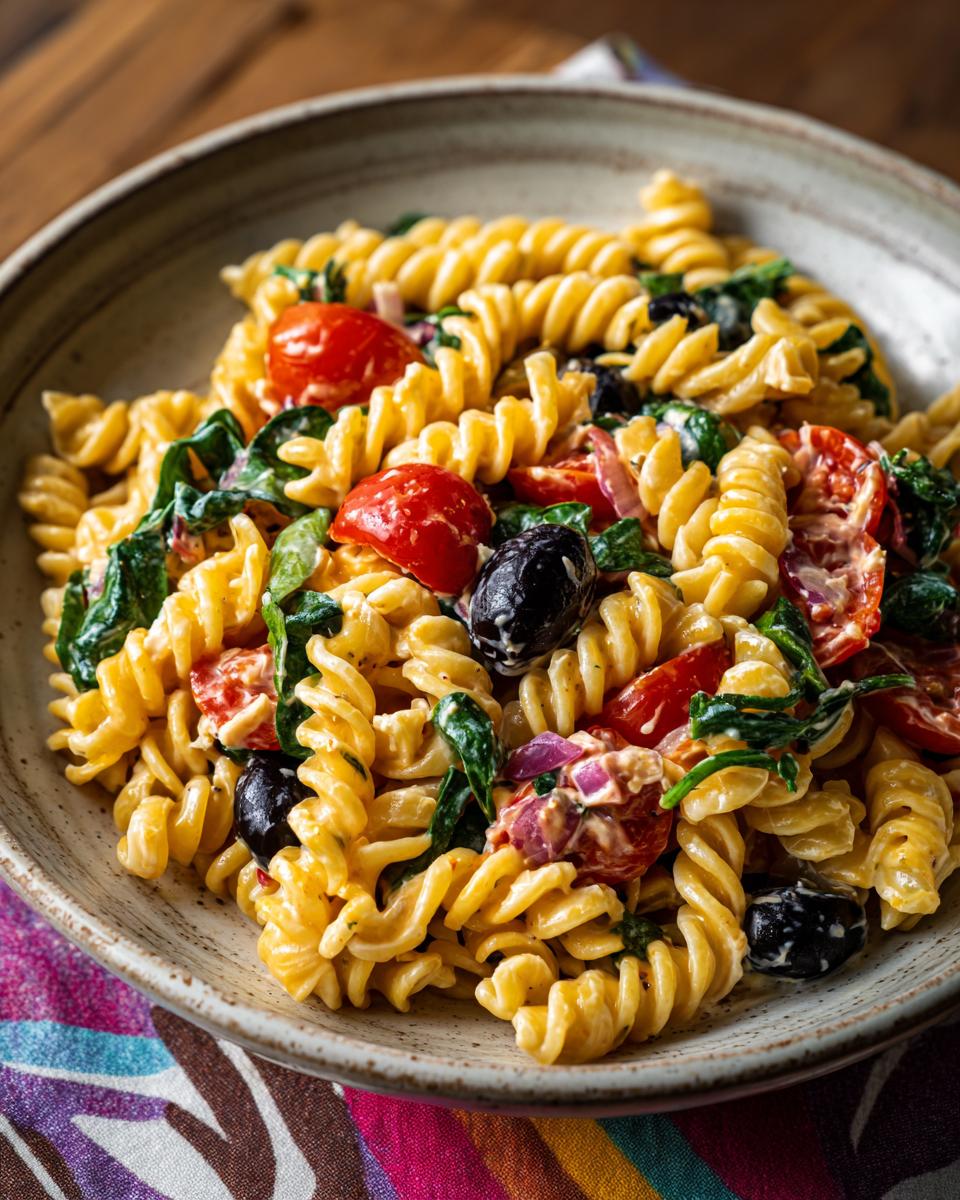 Close-up of a bowl of healthy pasta salad with Greek yogurt, tomatoes, olives, and spinach.