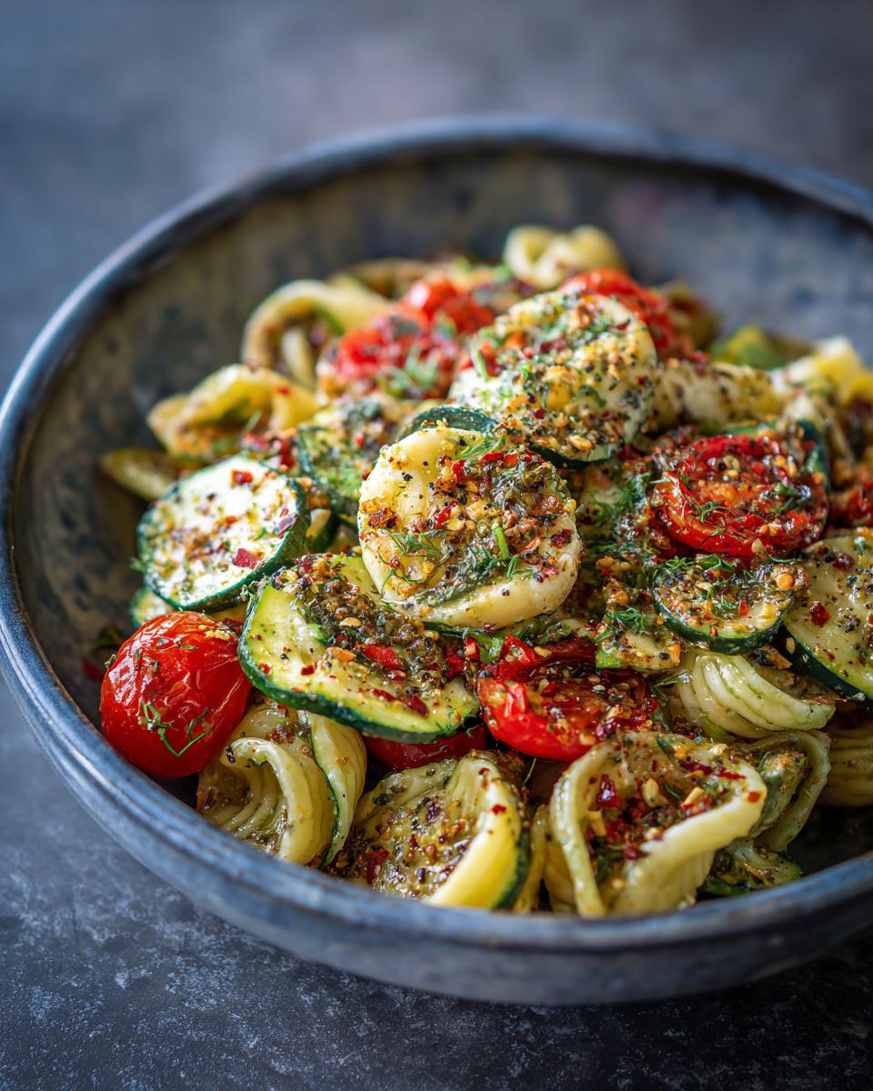 Close-up of a bowl of healthy pasta salad greek yogurt with zucchini, tomatoes, and herbs.