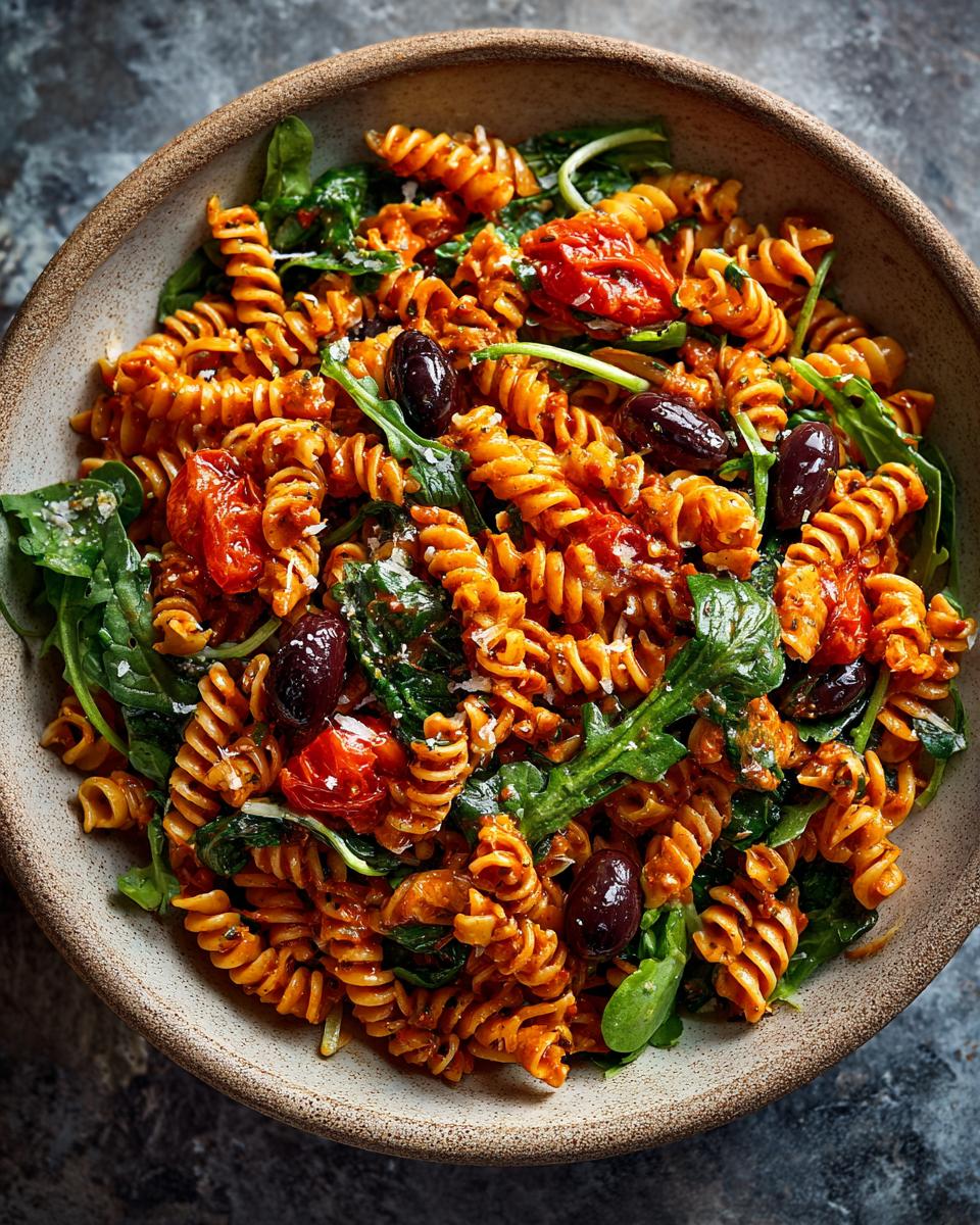Overhead shot of a vibrant pasta salad healthy recipes with olives, tomatoes, and spinach in a bowl.