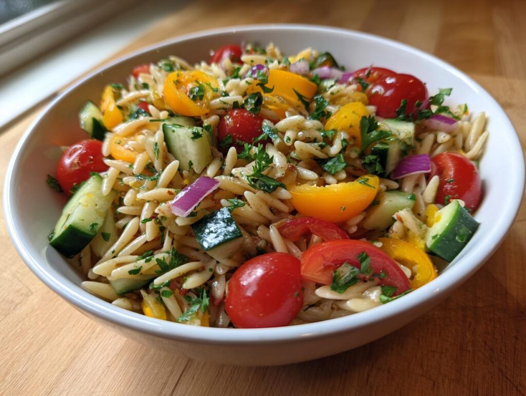 A vibrant bowl of pasta salad healthy recipes, featuring orzo pasta, tomatoes, cucumber, and herbs.