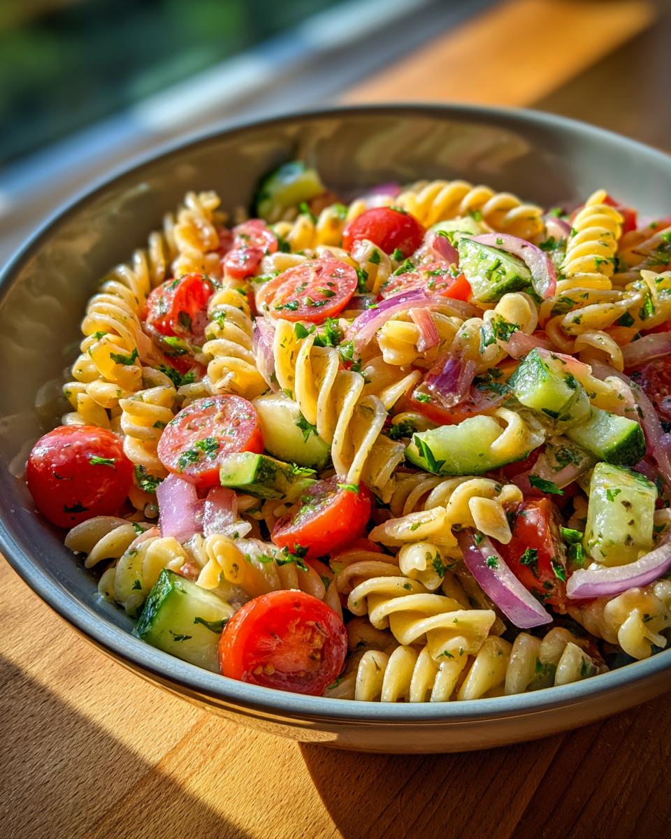 Close-up of a vibrant pasta salad with tomatoes, cucumber, and red onion. A healthy pasta salad recipe.
