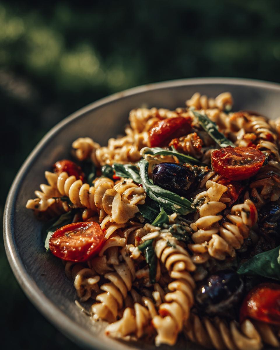 Close-up of a bowl of pasta salad healthy recipes with tomatoes, olives, and basil.