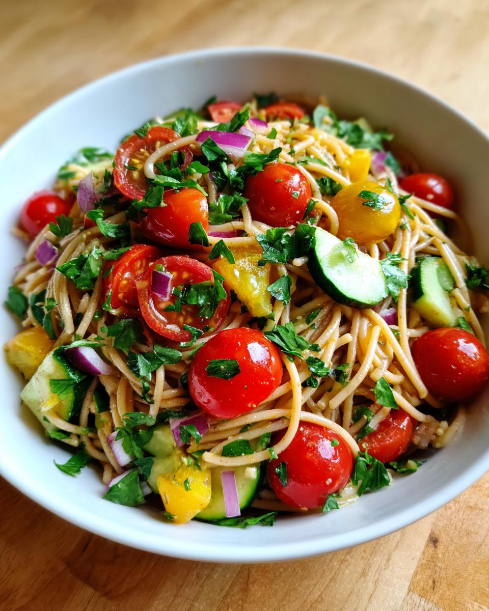Close-up of a bowl of healthy pasta salad with cherry tomatoes, cucumber, red onion, and herbs. This is a pasta salad healthy recipes.
