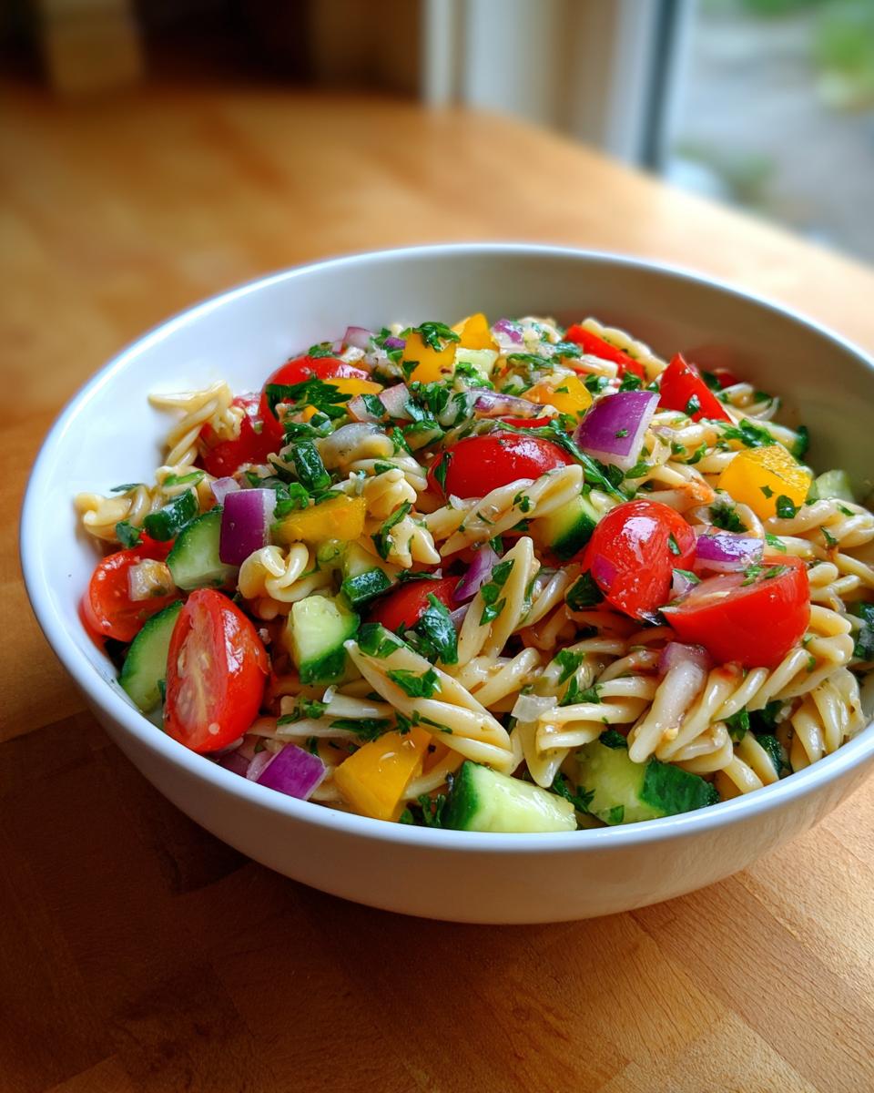A vibrant bowl of pasta salad healthy recipes with tomatoes, cucumbers, and colorful bell peppers.