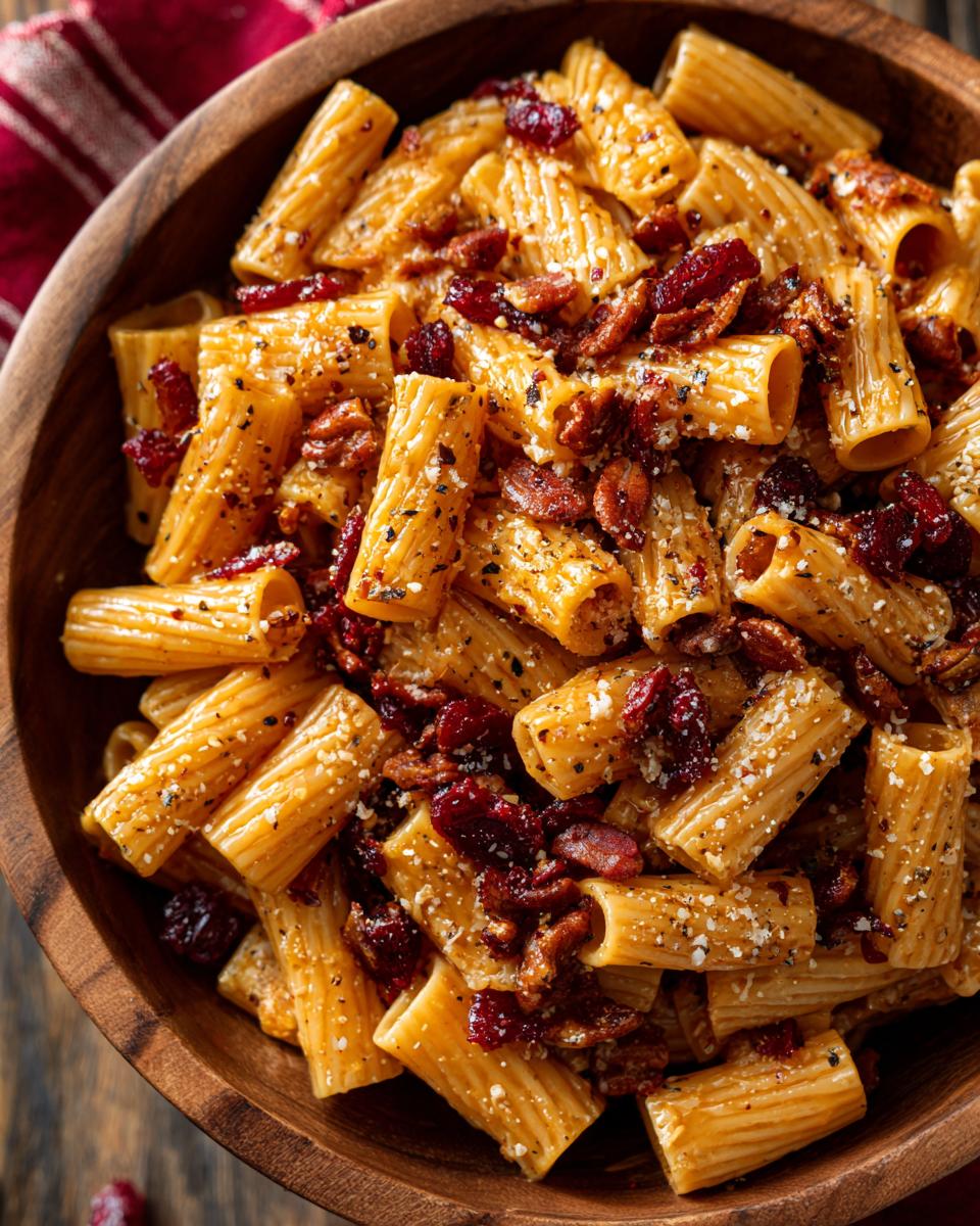 Close-up of a high protein pasta salad in a wooden bowl, showing rigatoni pasta, bacon, and cheese.