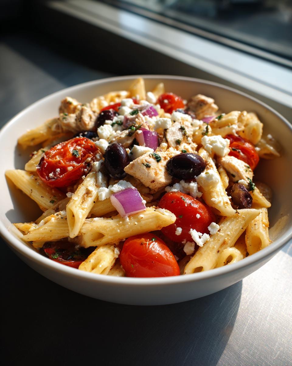 Close-up of a bowl of high protein pasta salad with chicken, tomatoes, olives, and feta.