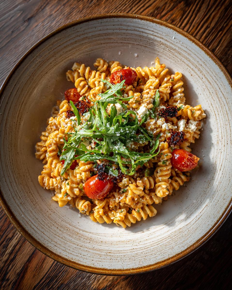 Overhead shot of a high protein pasta salad with tomatoes and arugula.