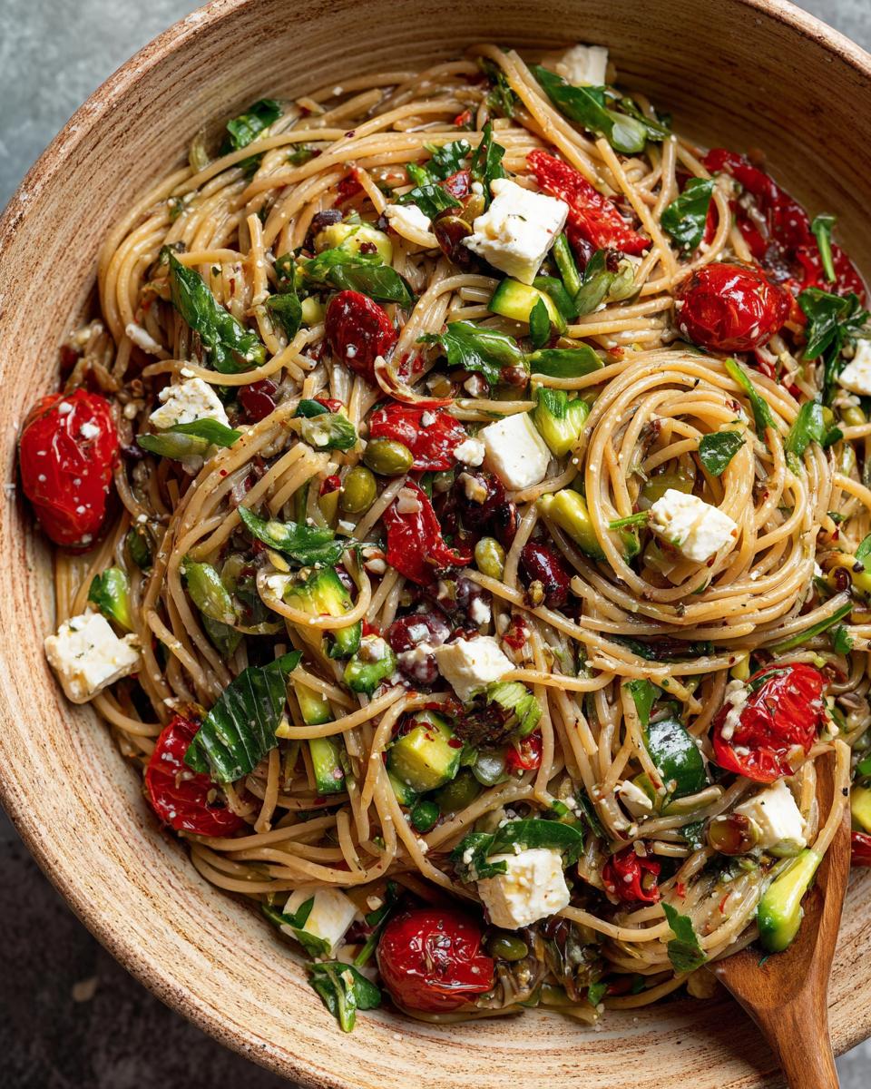 Close-up of a high protein pasta salad with whole wheat pasta, feta cheese, tomatoes, and vegetables.