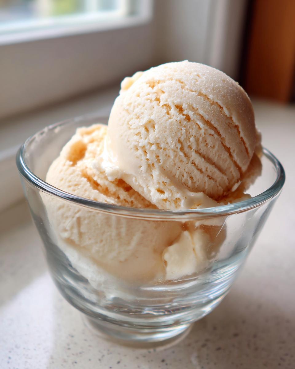 Two scoops of Honey Lavender Ice Cream in a clear glass bowl, creamy and delicious.