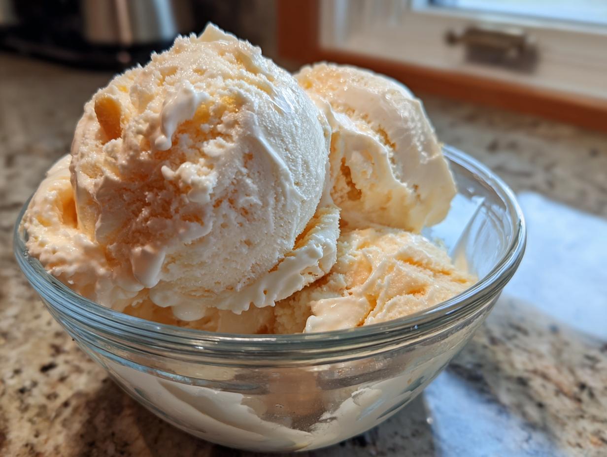 Close-up of scoops of Honey Lavender Ice Cream in a glass bowl, creamy and delicious.