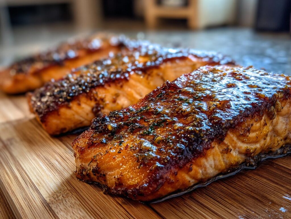 Close-up of perfectly cooked Honey Mustard Glazed Salmon on a wooden cutting board.