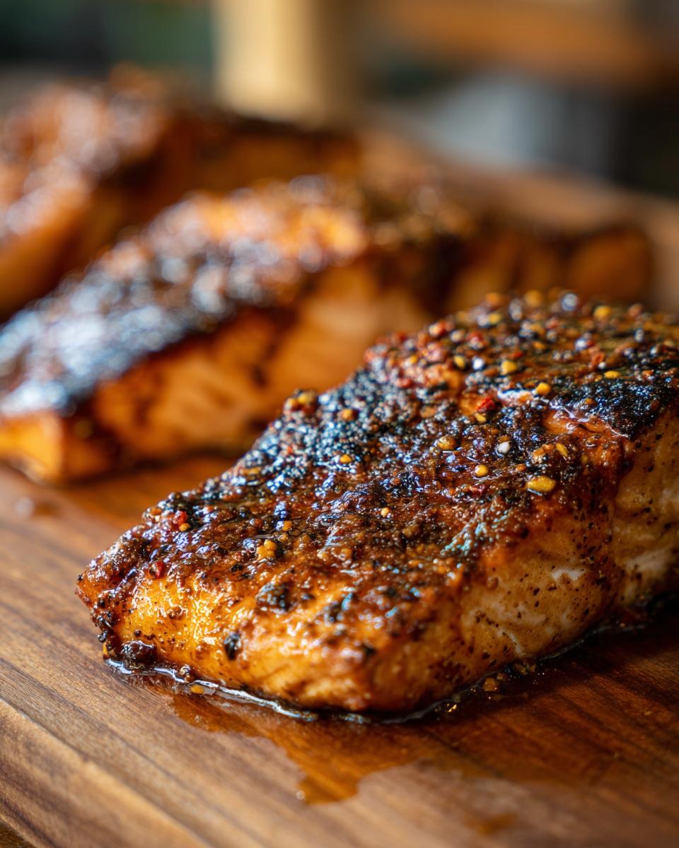 Close-up of Honey Mustard Glazed Salmon on a wooden cutting board, showing the glaze and seasoning.