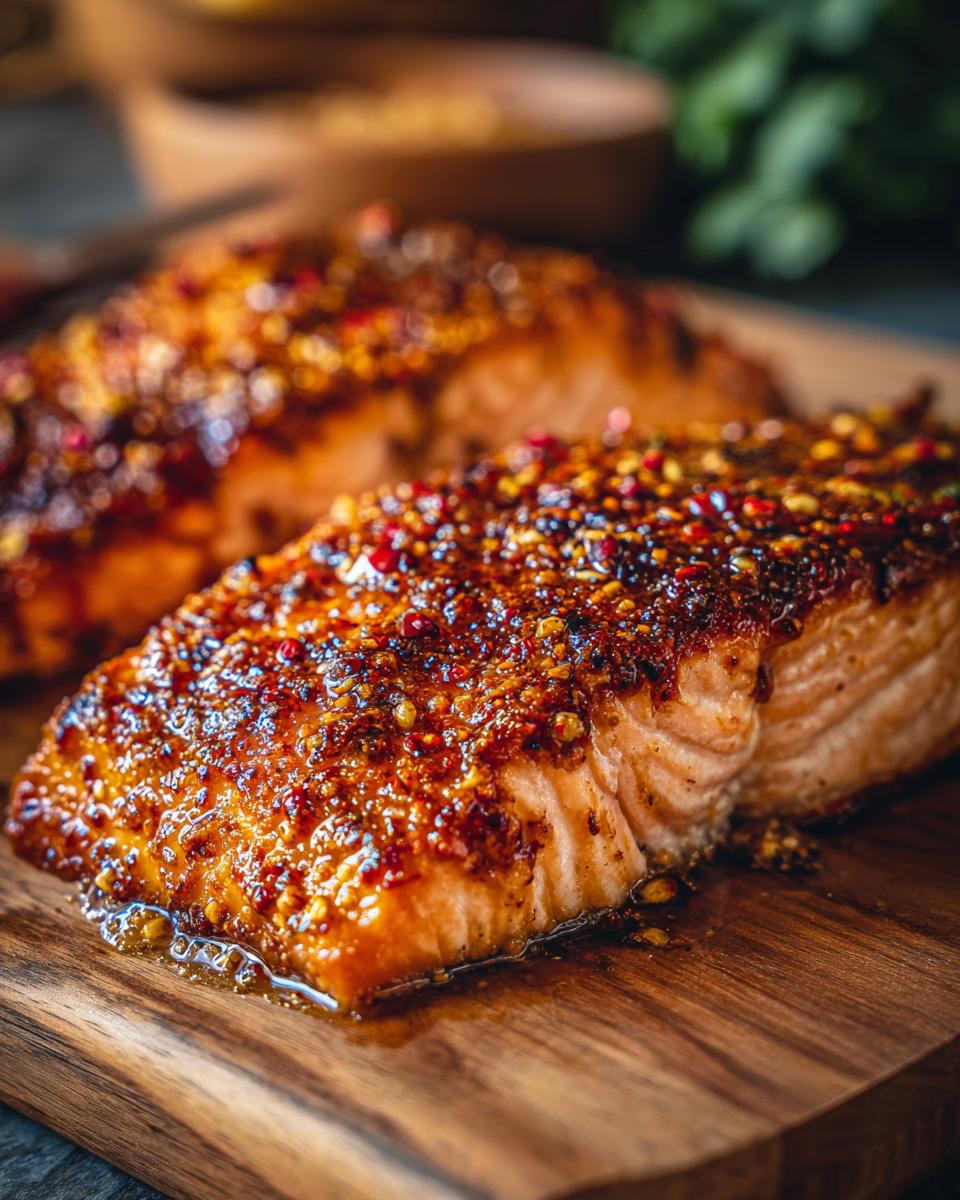 Close-up of Honey Mustard Glazed Salmon on a wooden board, showing the glaze and texture.