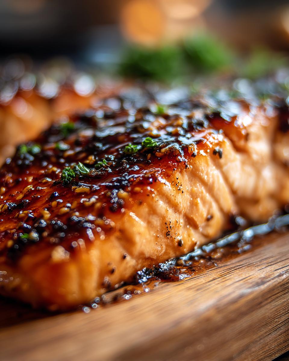 Close-up of a perfectly cooked Honey Mustard Glazed Salmon fillet on a wooden board.