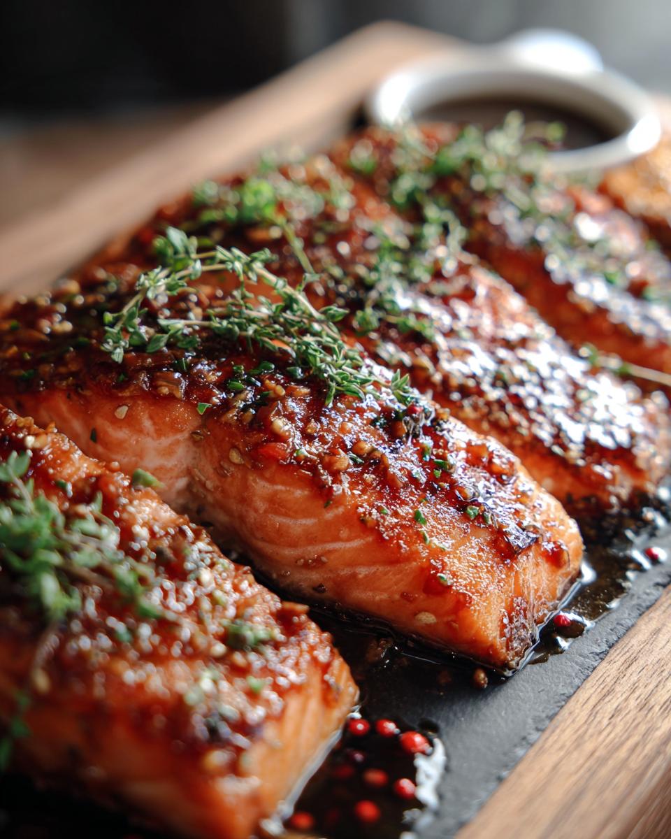 Close-up of Honey Mustard Glazed Salmon fillets garnished with fresh herbs, ready to serve.