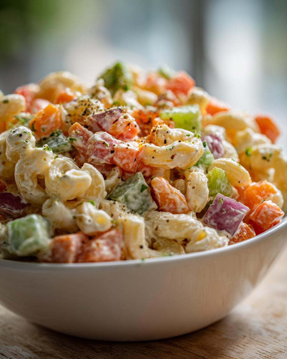 Close-up of a bowl of pasta salad. Learn how do you make pasta salad with this easy recipe.