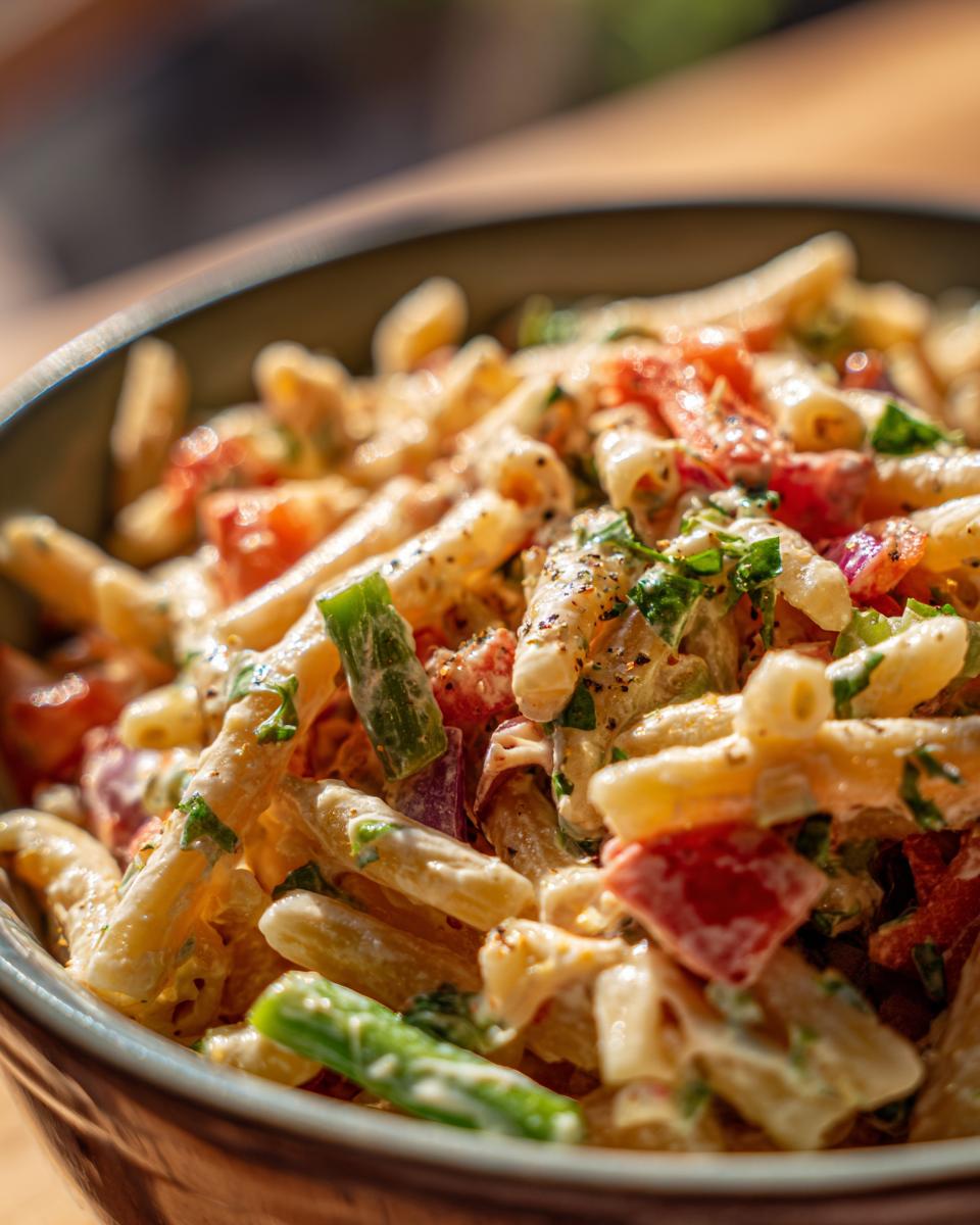 Close-up of a bowl of pasta salad. Learn how do you make pasta salad with this delicious recipe.