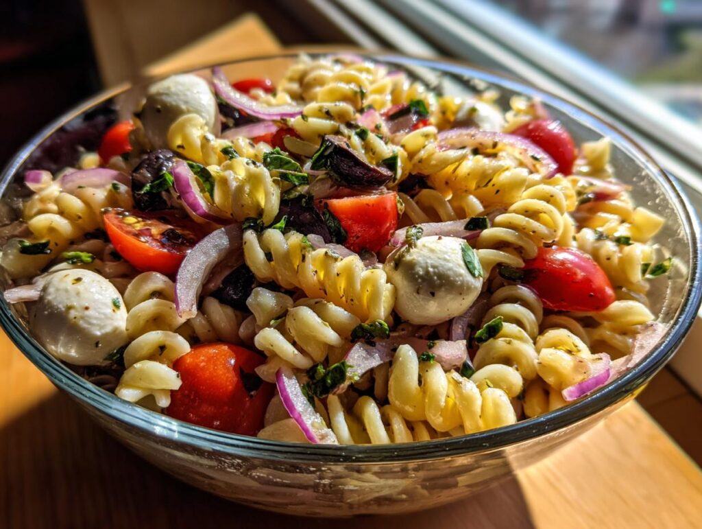 Close-up of a bowl of quick and easy Italian pasta salad, with pasta, mozzarella, tomatoes, and olives.