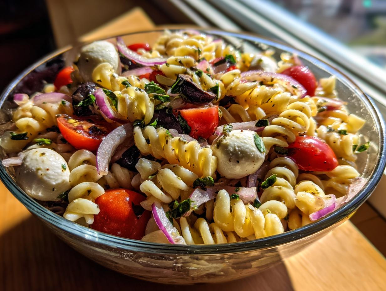 Close-up of a bowl of quick and easy Italian pasta salad, with pasta, mozzarella, tomatoes, and olives.