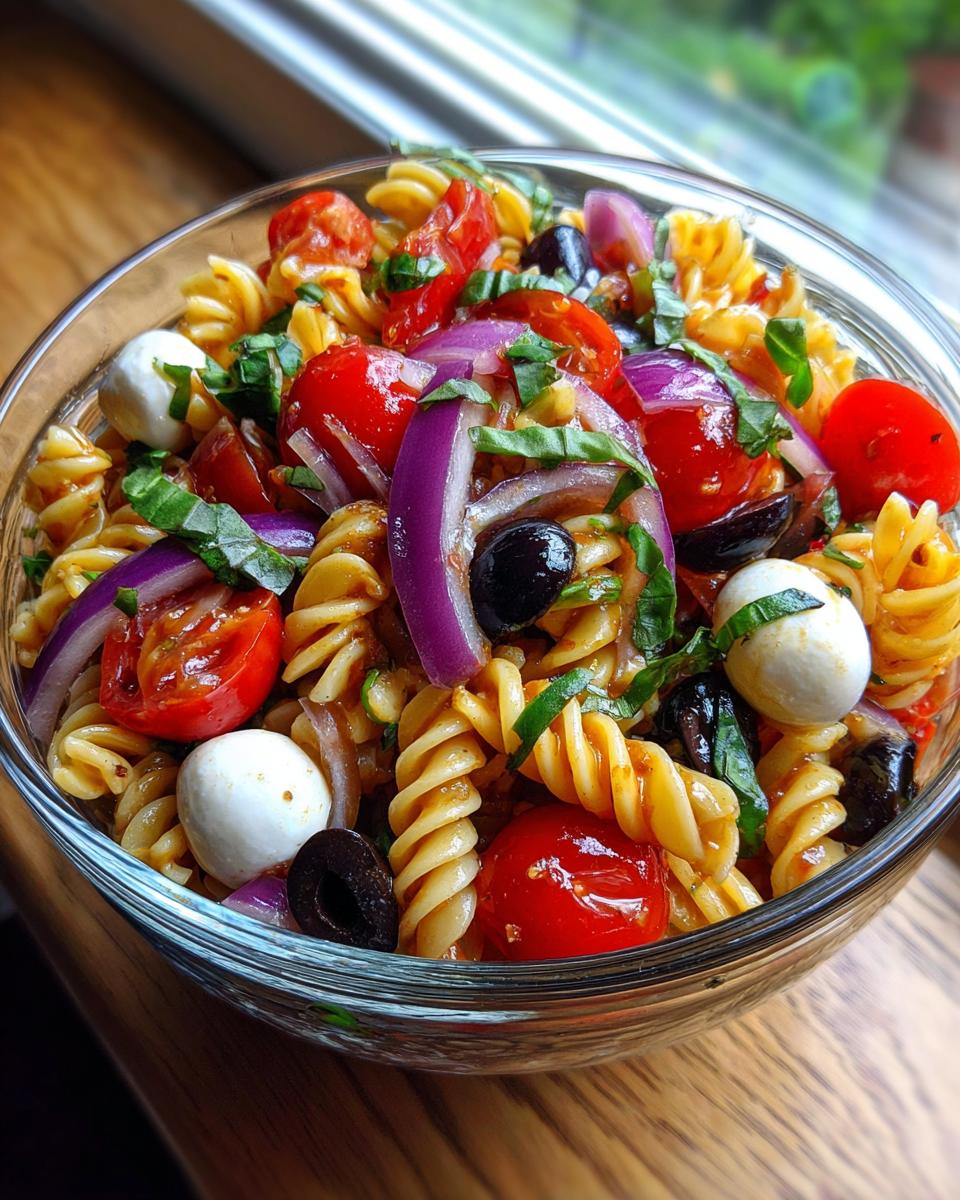 Close-up of a bowl of quick and easy Italian pasta salad with tomatoes, mozzarella, and olives.
