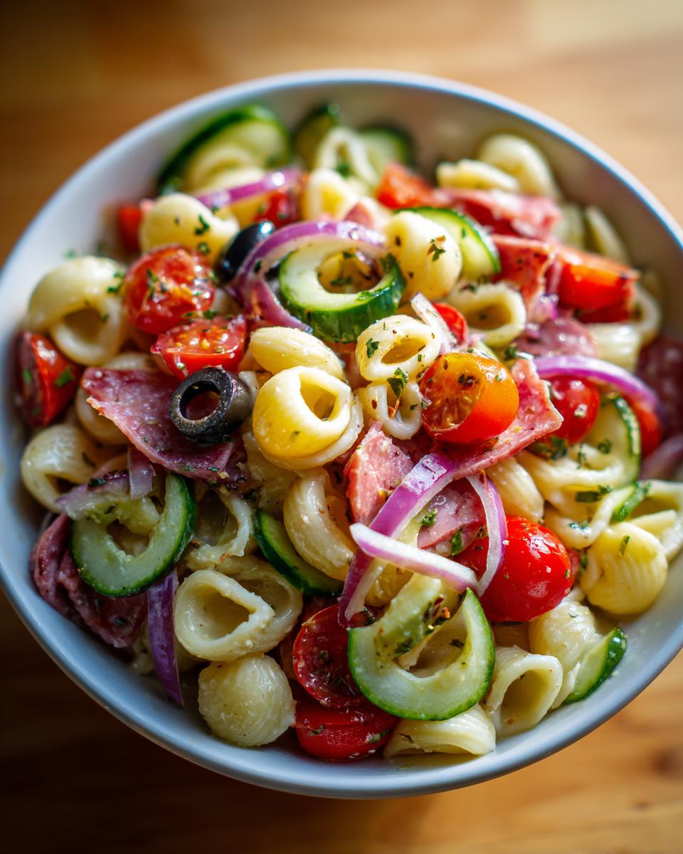 Close-up of a bowl filled with Italian pasta salad recipes, including pasta, vegetables, and salami.