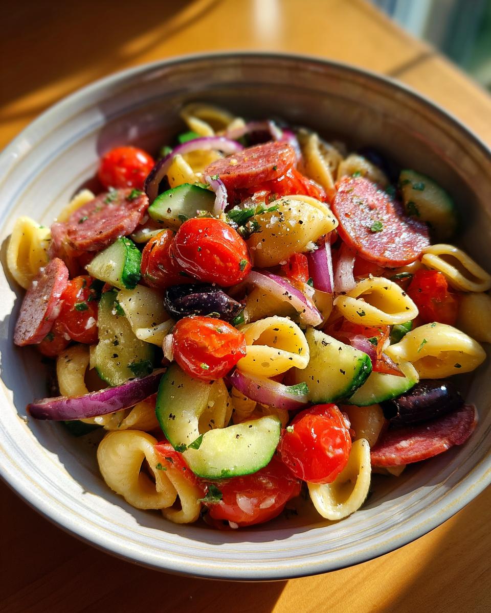 Close-up of a bowl of Italian pasta salad with tomatoes, cucumber, salami, and olives. This is one of the easy pasta salad recipes Italian.